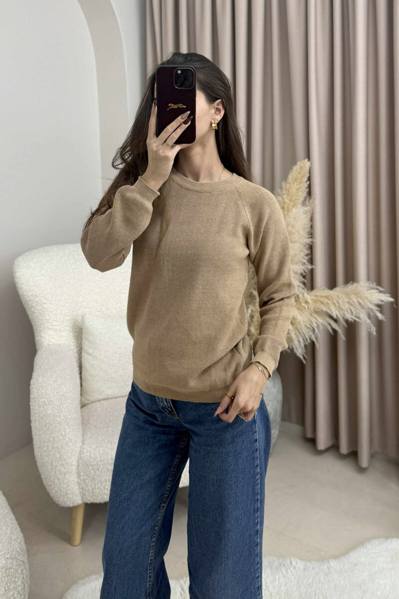 ONE COLOR ROUND NECK SIMPLE WOMEN SWEATER LIGHT BROWN/KAZB - 4