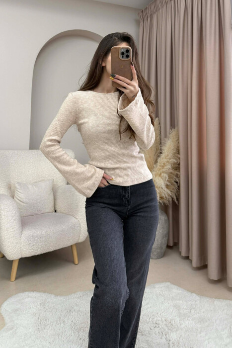 ONE COLOR ROUND NECK SIMPLE WOMEN SWEATSHIRT BEIGE/BEZHE - KLAUDIO FASHION