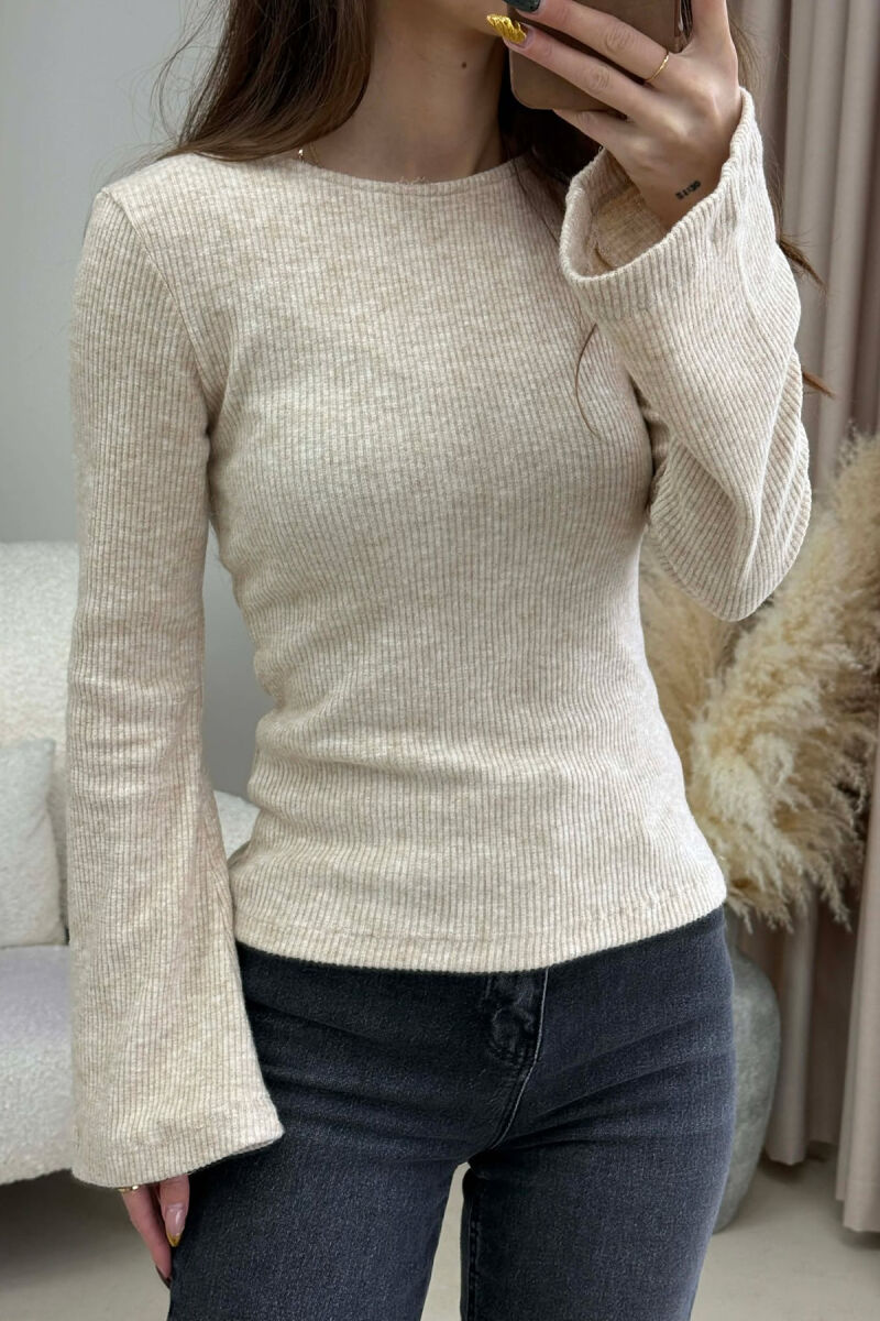 ONE COLOR ROUND NECK SIMPLE WOMEN SWEATSHIRT BEIGE/BEZHE - 4