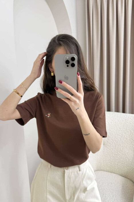 ONE COLOR ROUND NECK TEDDY BEAR LOGO WOMEN T-SHIRT BROWN/KAFE 