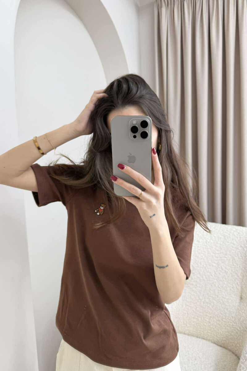 ONE COLOR ROUND NECK TEDDY BEAR LOGO WOMEN T-SHIRT BROWN/KAFE - 2