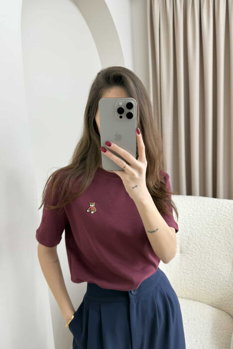 ONE COLOR ROUND NECK TEDDY BEAR LOGO WOMEN T-SHIRT BURGUNDY/VISHNJE 