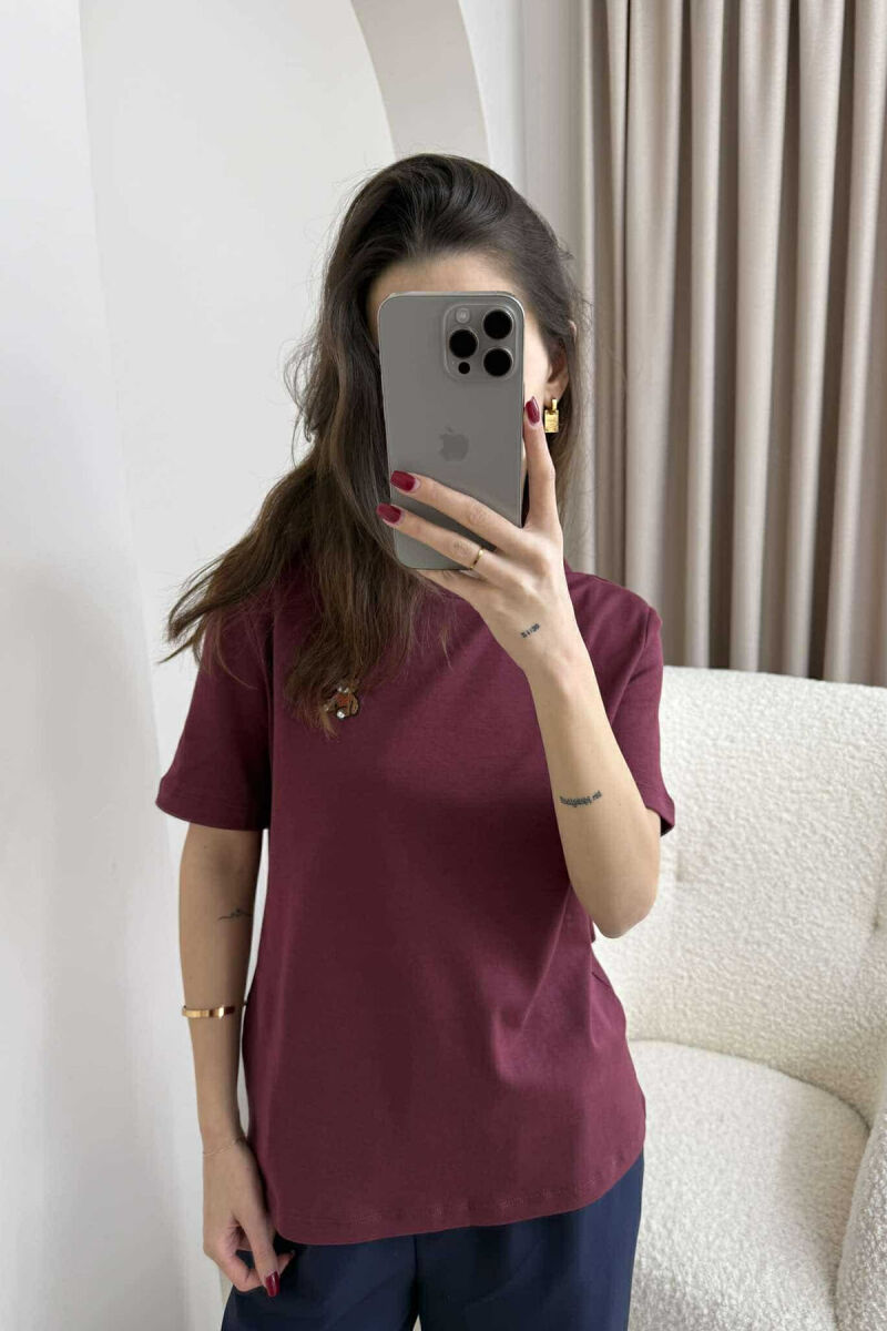 ONE COLOR ROUND NECK TEDDY BEAR LOGO WOMEN T-SHIRT BURGUNDY/VISHNJE - 2