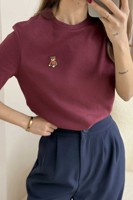 ONE COLOR ROUND NECK TEDDY BEAR LOGO WOMEN T-SHIRT BURGUNDY/VISHNJE - 3