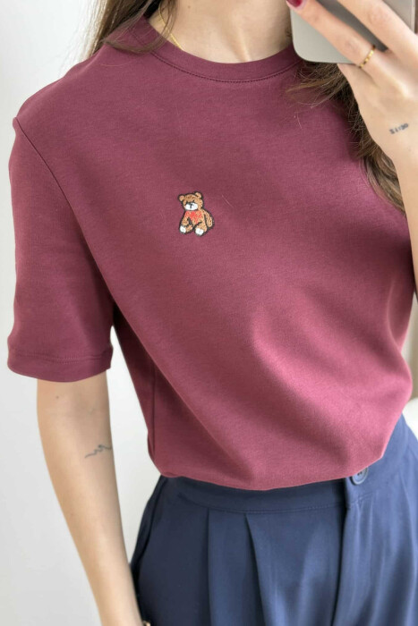 ONE COLOR ROUND NECK TEDDY BEAR LOGO WOMEN T-SHIRT BURGUNDY/VISHNJE - 4