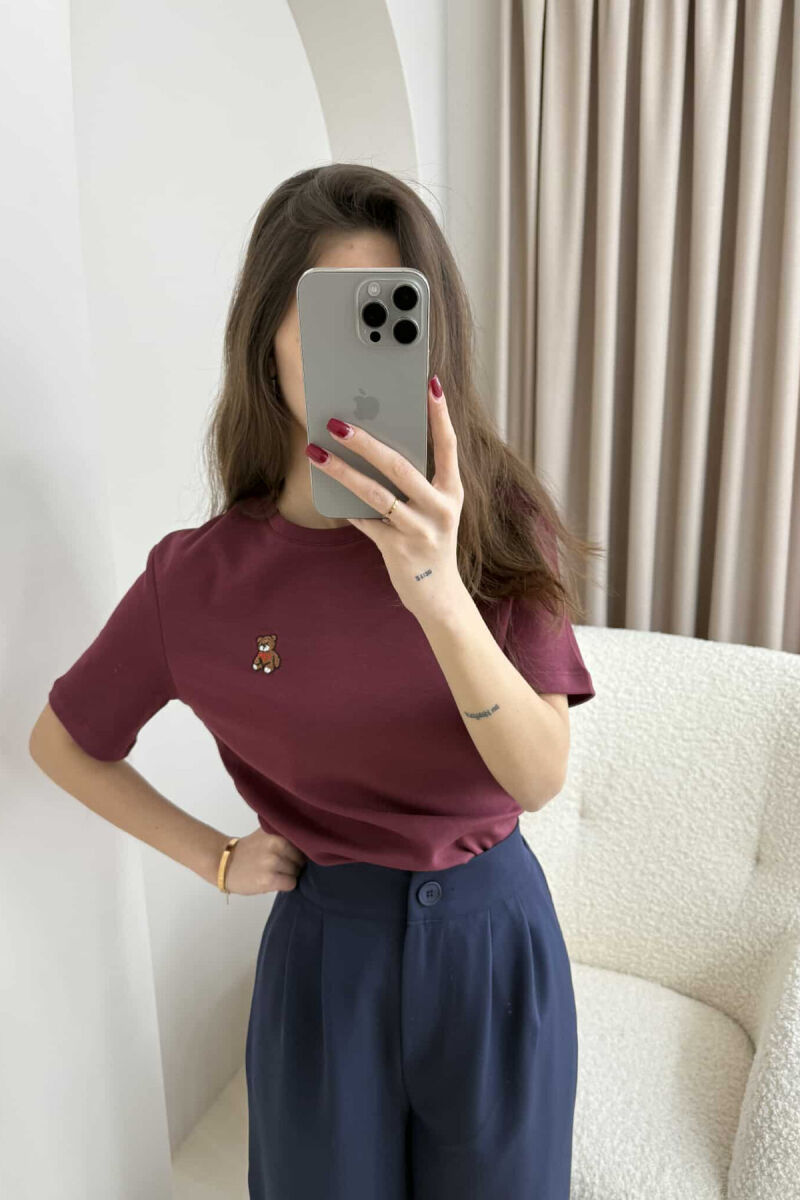 ONE COLOR ROUND NECK TEDDY BEAR LOGO WOMEN T-SHIRT BURGUNDY/VISHNJE - 5