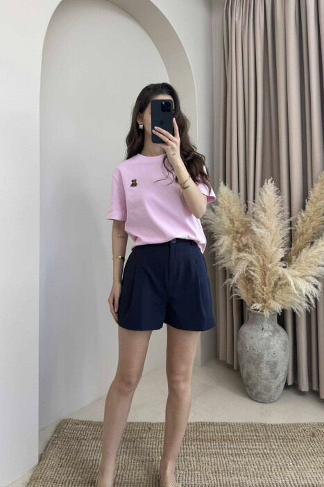 ONE COLOR ROUND NECK TEDDY BEAR LOGO WOMEN T-SHIRT PINK/ROZE 
