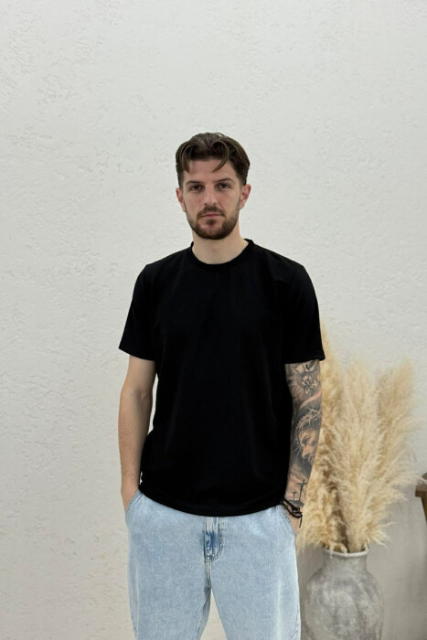 ONE COLOR ROUND NECK TEXTURED MEN T-SHIRT BLACK/ E ZEZE - 