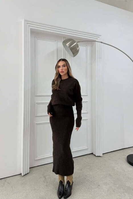 ONE COLOR ROUND NECK WOMAN DRESS DARK BROWN/KAE - 3