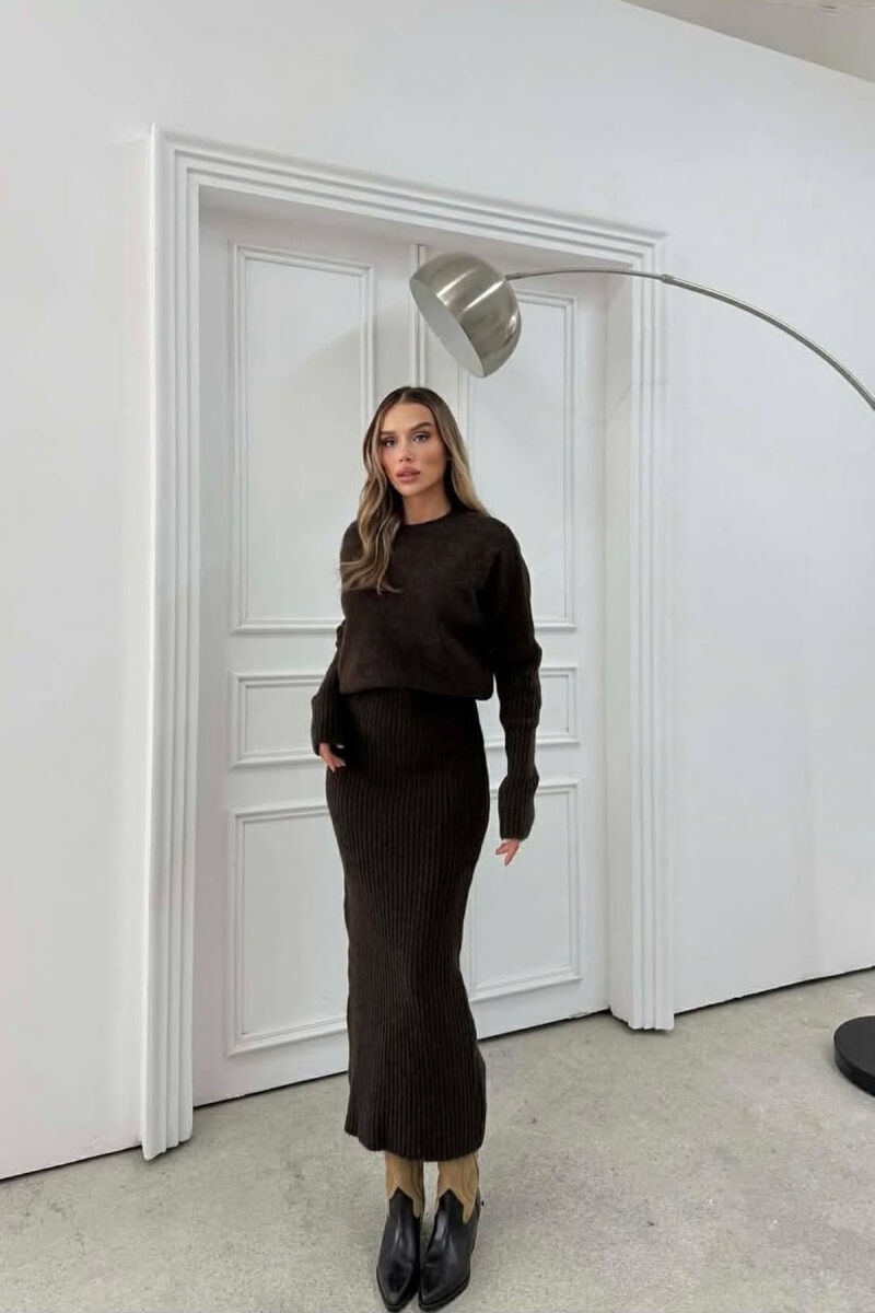 ONE COLOR ROUND NECK WOMAN DRESS DARK BROWN/KAE - 3