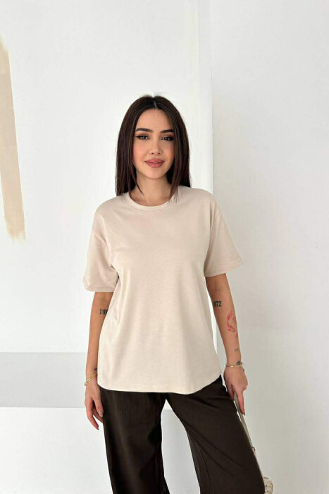 ONE COLOR ROUND NECK WOMAN T-SHIRT BEIGE/BEZHE - KLAUDIO FASHION