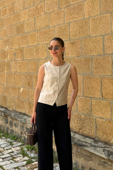 ONE COLOR ROUND NECK WOMAN VEST BEIGE/BEZHE - 1