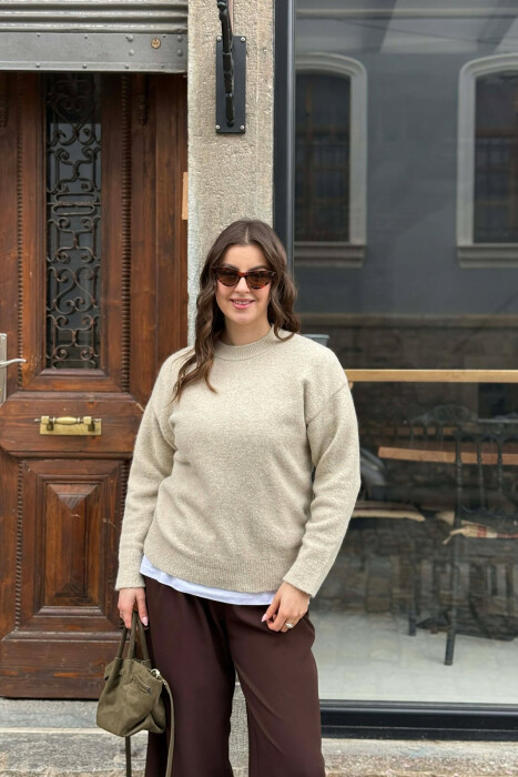 ONE COLOR ROUND NECK WOMEN SWEATER BEIGE/BEZHE - 1