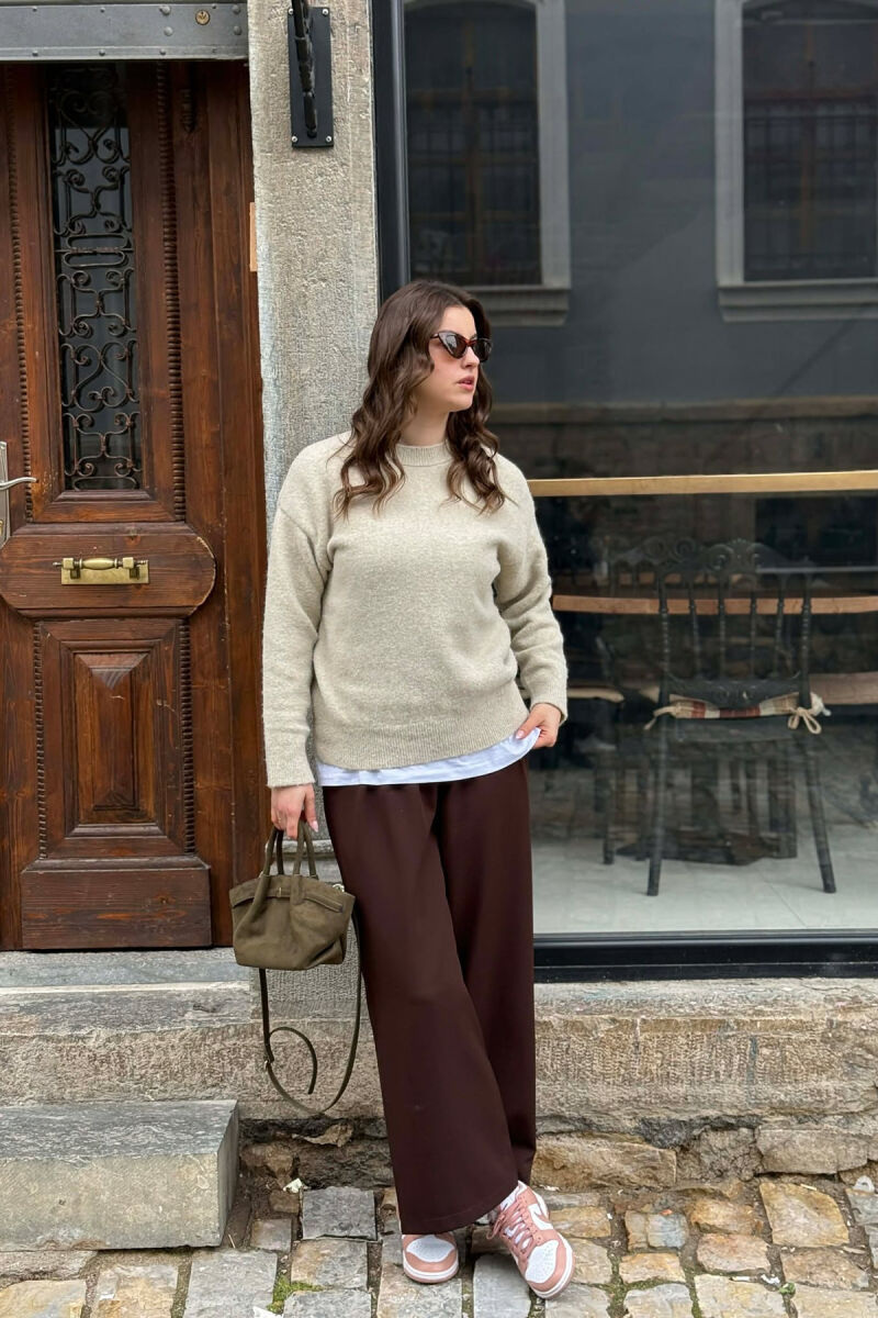 ONE COLOR ROUND NECK WOMEN SWEATER BEIGE/BEZHE - 3