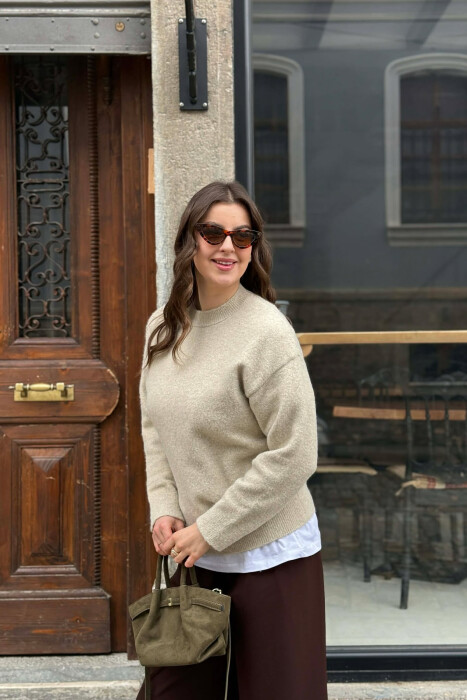 ONE COLOR ROUND NECK WOMEN SWEATER BEIGE/BEZHE - 4