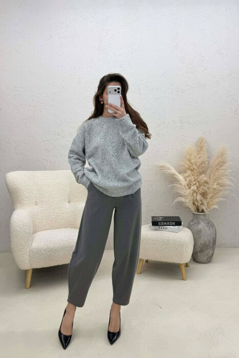 ONE COLOR ROUND NECK WOMEN SWEATER GREY/GRI - KLAUDIO FASHION