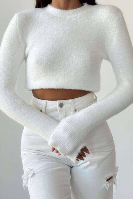 ONE COLOR ROUND NECK WOMEN SWEATER WHITE-E BARDHE - 2