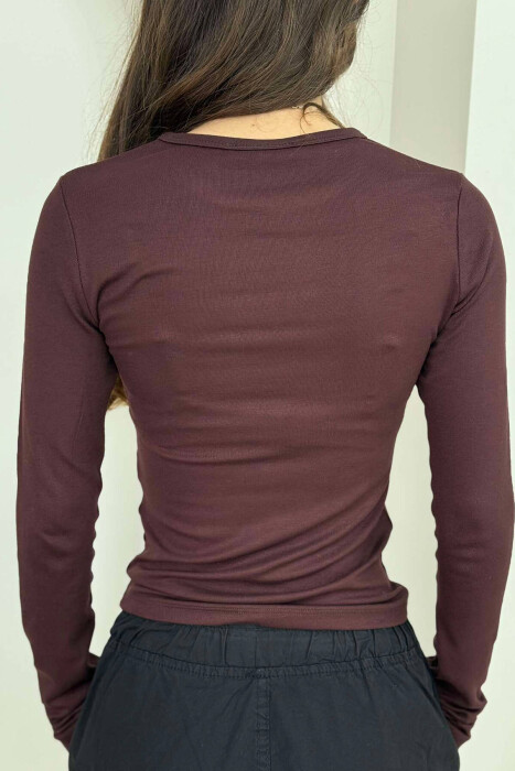 ONE COLOR ROUND NECK WOMEN SWEATSHIRT BROWN/KAFE - 3