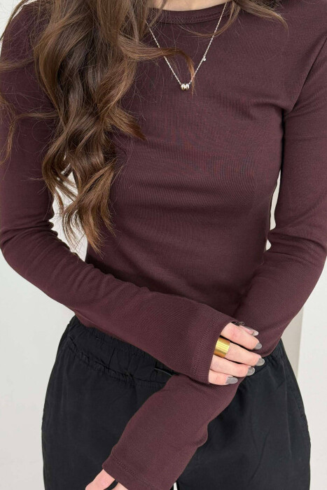 ONE COLOR ROUND NECK WOMEN SWEATSHIRT BROWN/KAFE - 4