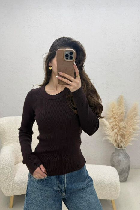 ONE COLOR ROUND NECK WOMEN SWEATSHIRT DARK BROWN/KAE - 1