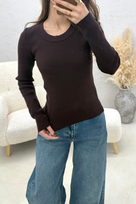 ONE COLOR ROUND NECK WOMEN SWEATSHIRT DARK BROWN/KAE - 2