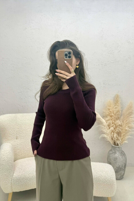 ONE COLOR ROUND NECK WOMEN SWEATSHIRT DARK BURGUNDY/VISHNJE E ERRET - KLAUDIO FASHION