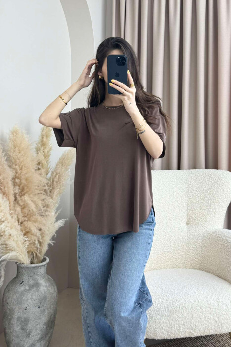 ONE COLOR ROUND NECK WOMEN T-SHIRT BROWN/KAFE - 2