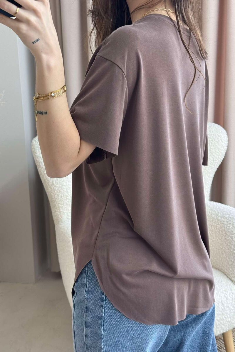 ONE COLOR ROUND NECK WOMEN T-SHIRT BROWN/KAFE - 4