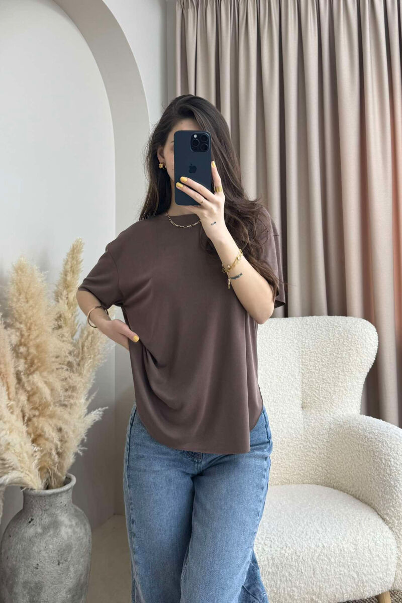 ONE COLOR ROUND NECK WOMEN T-SHIRT BROWN/KAFE - 5