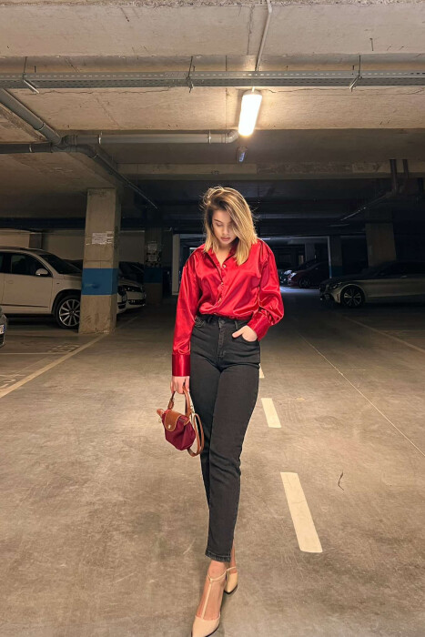 SATIN WOMEN SHIRT IN RED COLOR 