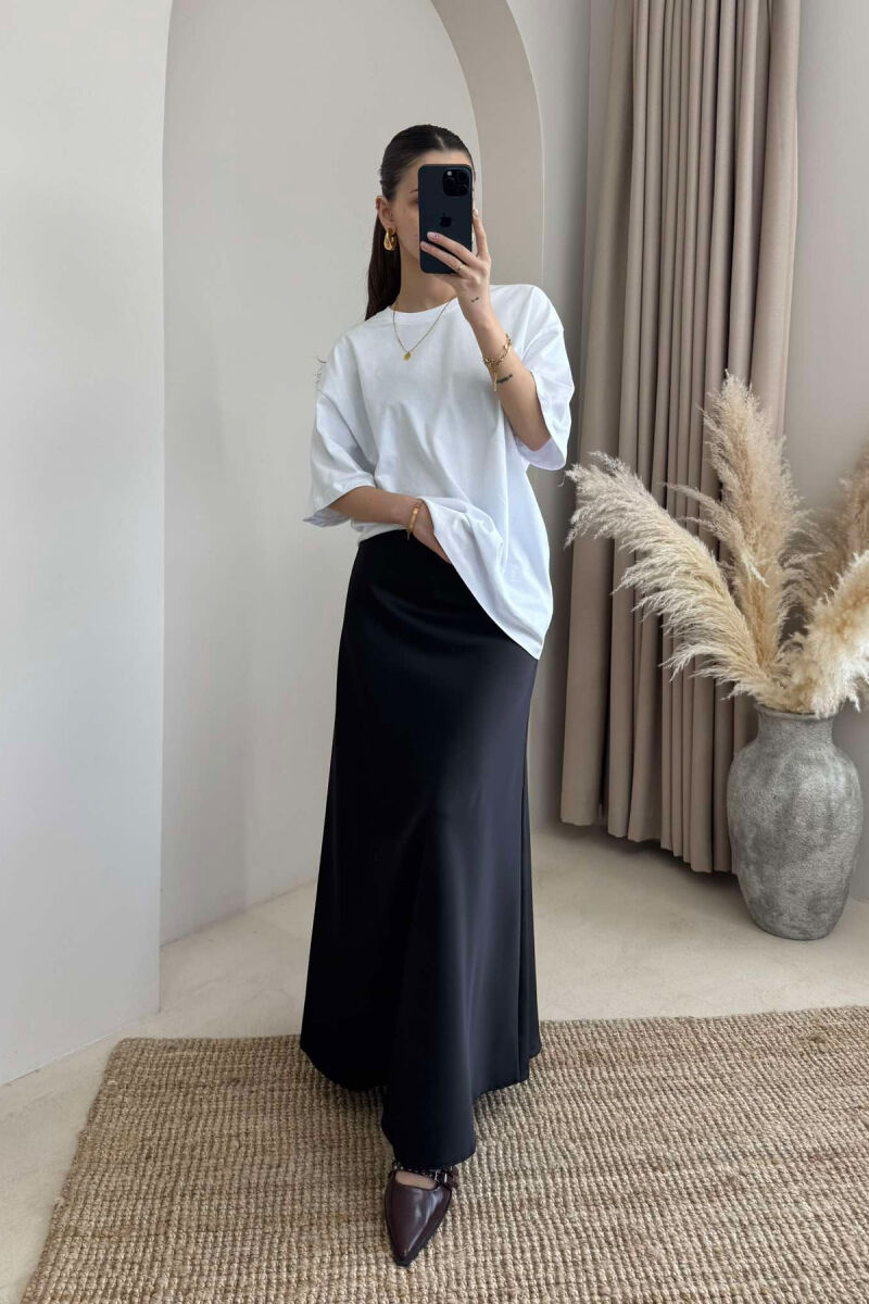 ONE COLOR SATIN LONG WOMEN SKIRT BLACK/ E ZEZE - 2