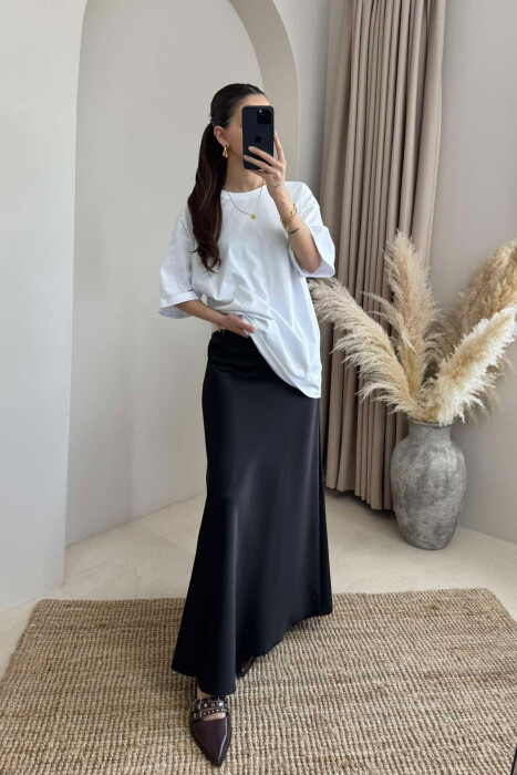 ONE COLOR SATIN LONG WOMEN SKIRT BLACK/ E ZEZE - 3