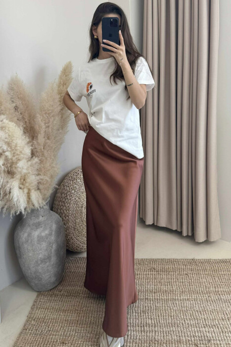 ONE COLOR SATIN LONG WOMEN SKIRT BROWN/KAFE - 1