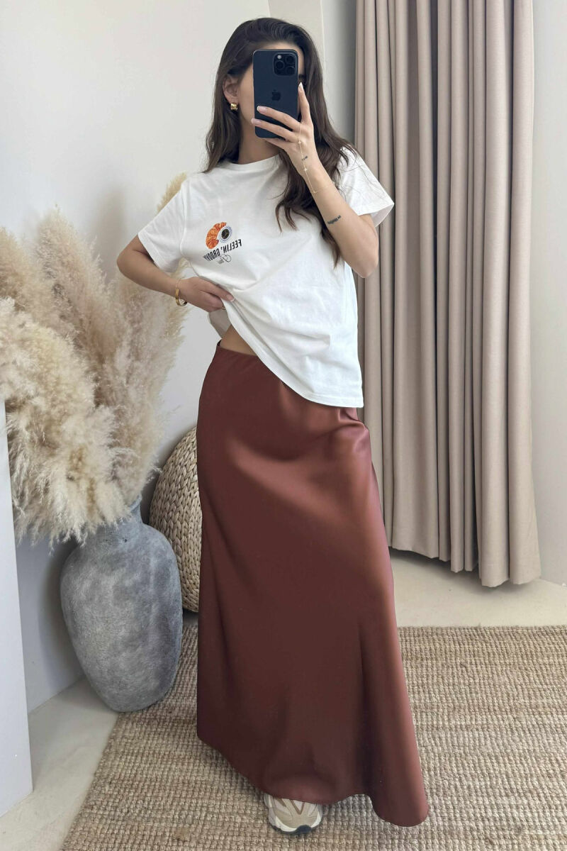 ONE COLOR SATIN LONG WOMEN SKIRT BROWN/KAFE - 2