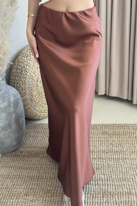 ONE COLOR SATIN LONG WOMEN SKIRT BROWN/KAFE - 3