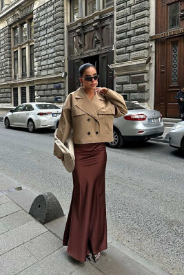 ONE COLOR SATIN LONG WOMEN SKIRT BROWN/KAFE 