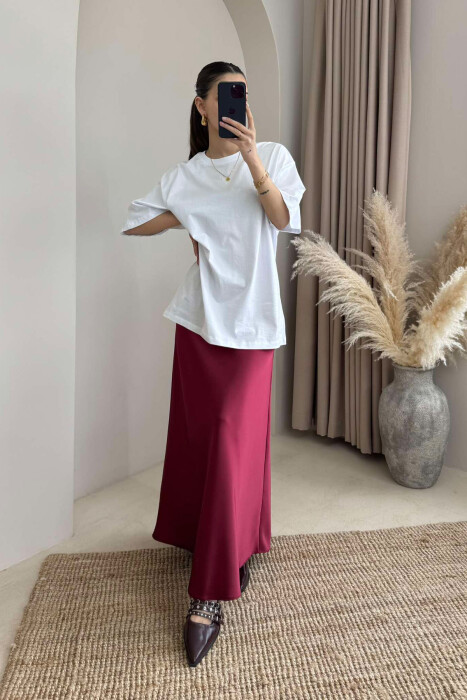 ONE COLOR SATIN LONG WOMEN SKIRT BURGUNDY/VISHNJE 