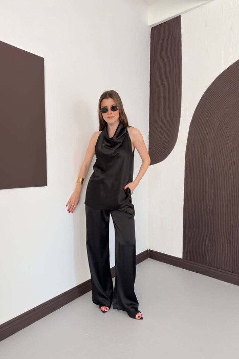 ONE COLOR SATIN TANK TOP + TROUSERS WOMAN SET BLACK/ E ZEZE - 1