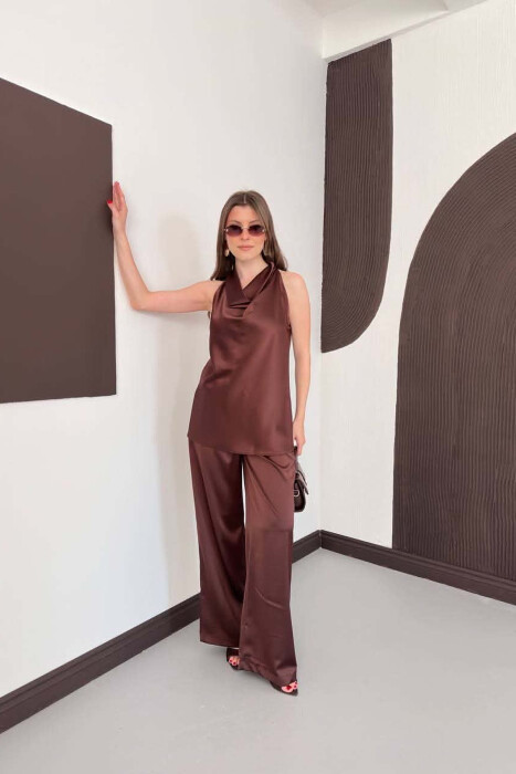 SET NJE NGJYRESH KANATJERE + PANTALLONA PER FEMRA NE NGJYRE KAFE - KLAUDIO FASHION