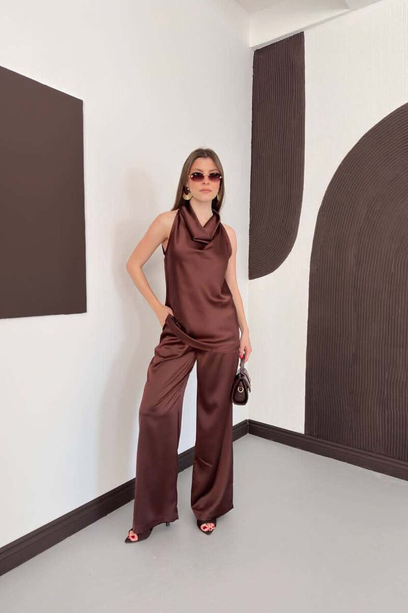 ONE COLOR SATIN TANK TOP + TROUSERS WOMAN SET BROWN/KAFE - 6