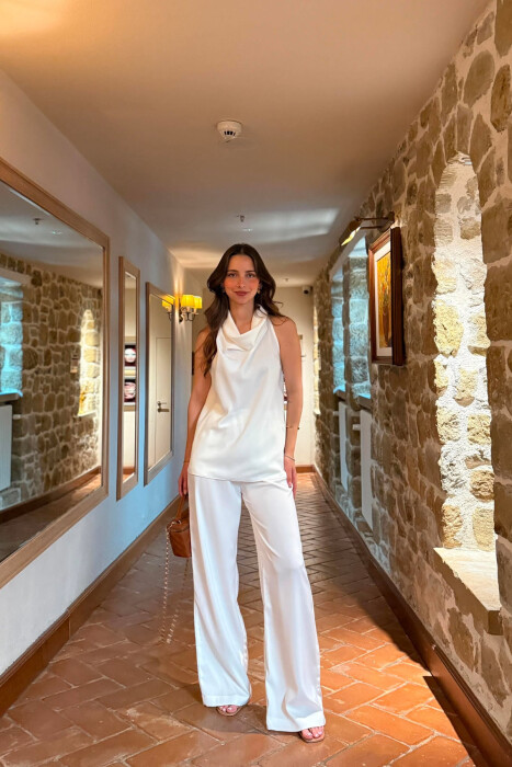 ONE COLOR SATIN TANK TOP + TROUSERS WOMAN SET WHITE-E BARDHE 