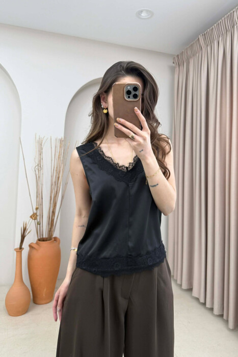 ONE COLOR SATIN WOMAN TANK TOP BLACK/ E ZEZE - 