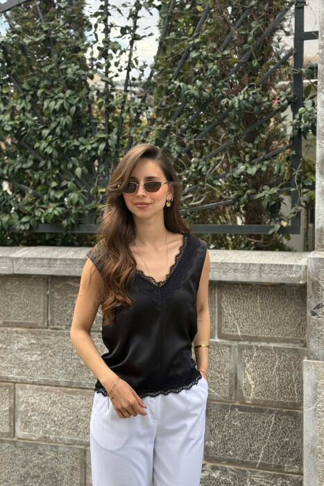 ONE COLOR SATIN WOMAN TANK TOP BLACK/ E ZEZE - 