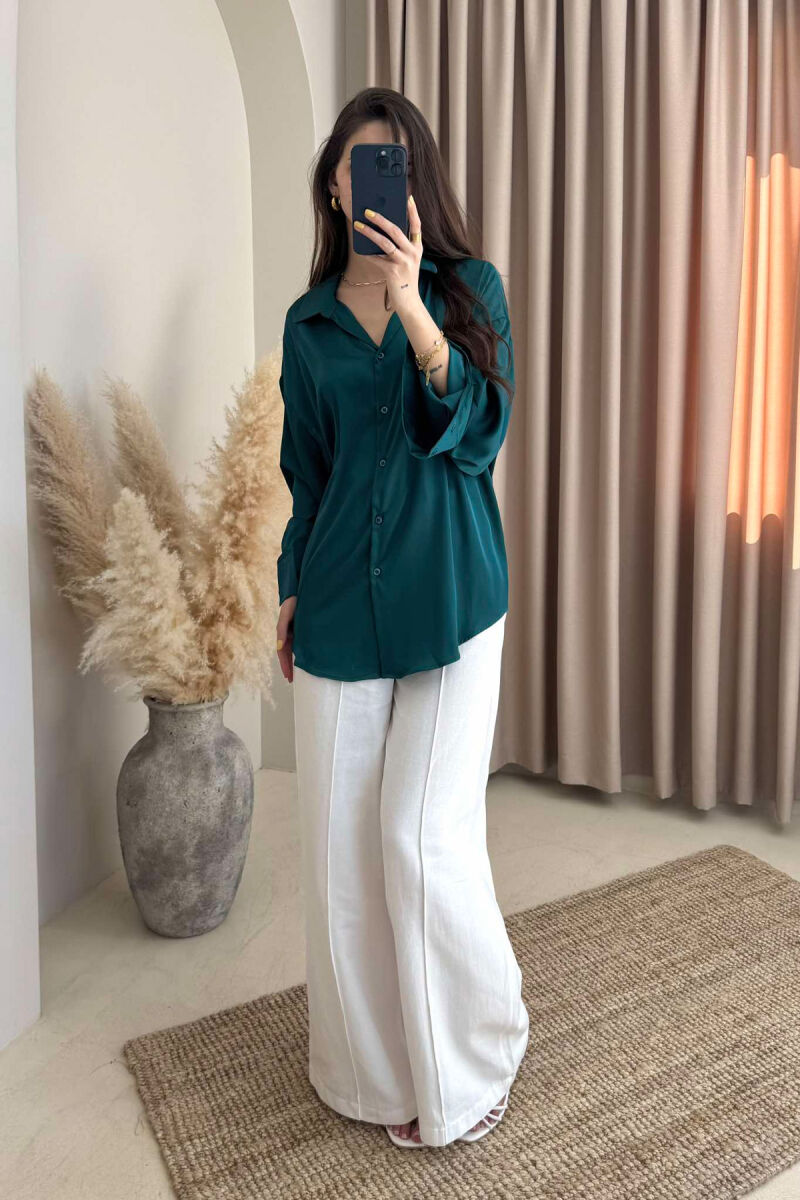 ONE COLOR SATIN WOMEN SHIRT DARK GREEN/JEE - 1