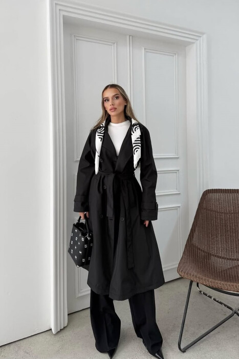 ONE COLOR SCARF AND BELT DETAIL LONG WOMEN TRENCH COAT BLACK/ E ZEZE 
