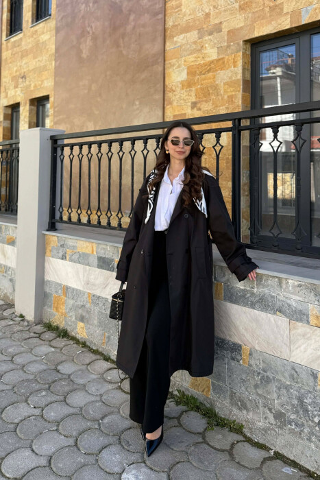 ONE COLOR SCARF AND BELT DETAIL LONG WOMEN TRENCH COAT BLACK/ E ZEZE - 2