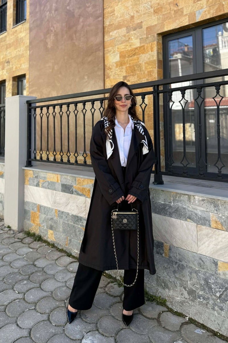 ONE COLOR SCARF AND BELT DETAIL LONG WOMEN TRENCH COAT BLACK/ E ZEZE - 1