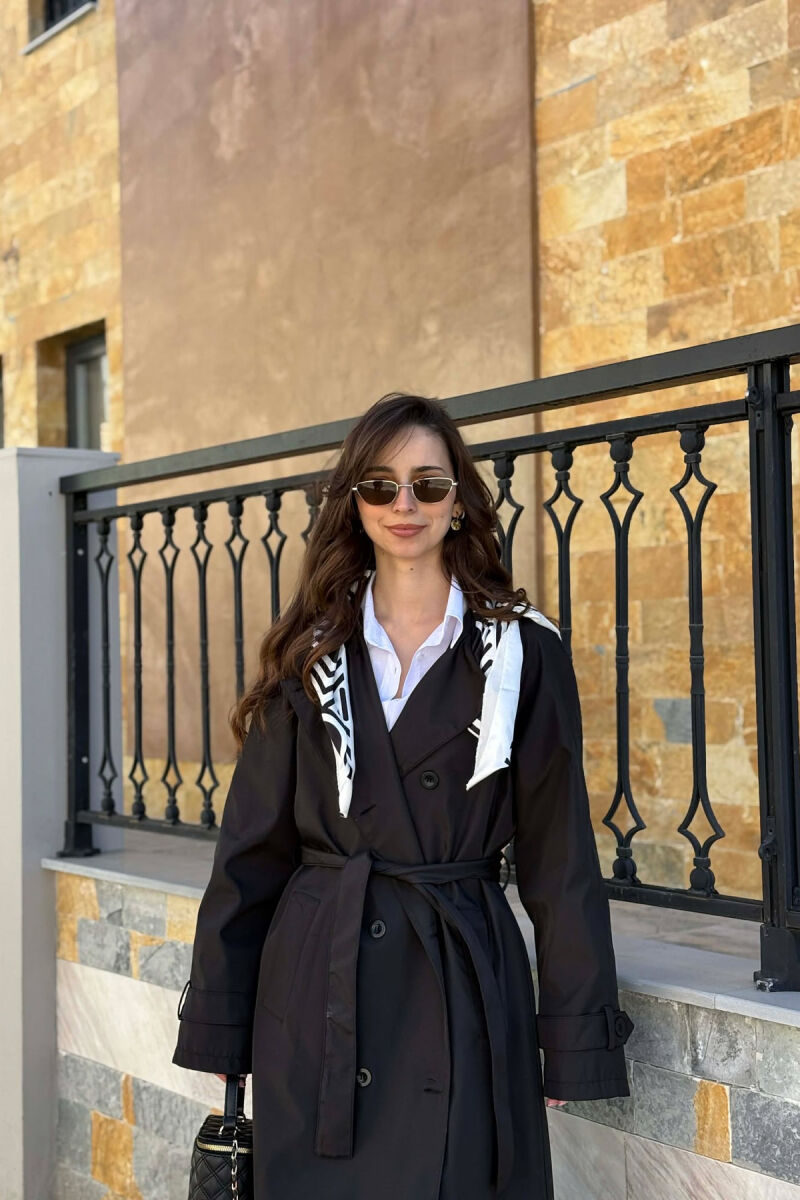 ONE COLOR SCARF AND BELT DETAIL LONG WOMEN TRENCH COAT BLACK/ E ZEZE - 4