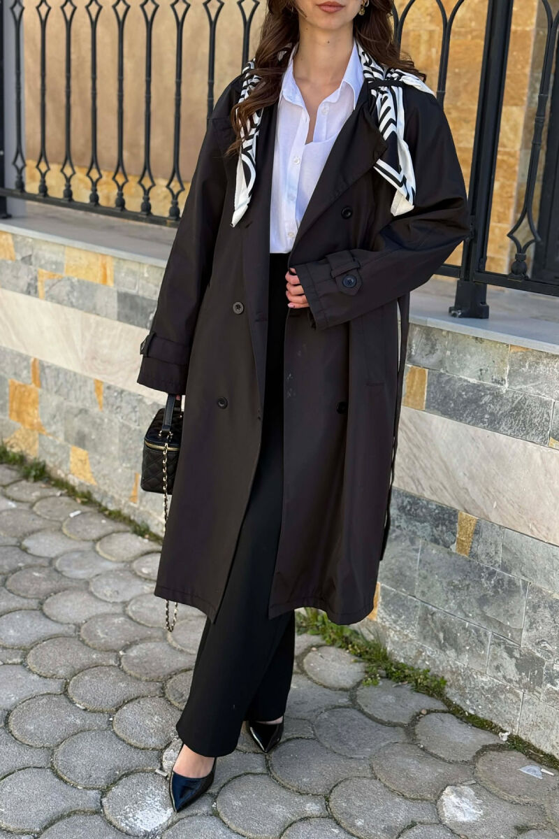 ONE COLOR SCARF AND BELT DETAIL LONG WOMEN TRENCH COAT BLACK/ E ZEZE - 5