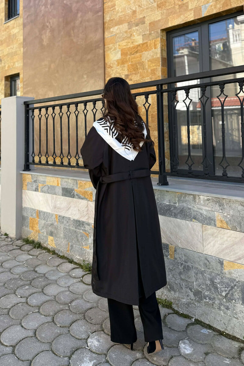 ONE COLOR SCARF AND BELT DETAIL LONG WOMEN TRENCH COAT BLACK/ E ZEZE - 6